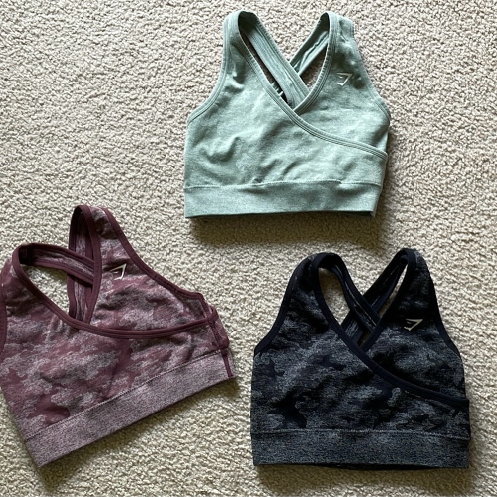 Gymshark Camo Sports Bra Trio in Green, Purple/Red, and Black